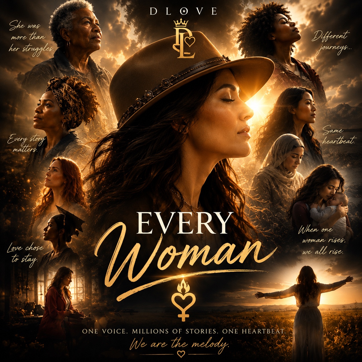 Cinematic Every Woman artwork showing DLove surrounded by women at different life stages